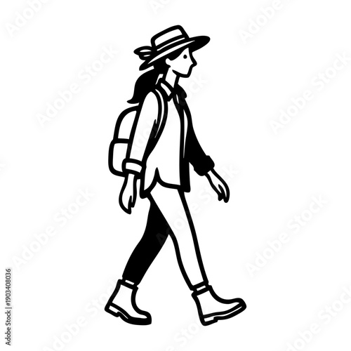 Senderismo en la naturaleza. Dibujo sencillo con líneas de una mujer con sombrero caminando con una mochila a la espalda 