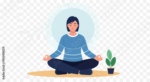 Person meditating in a calm setting with a plant.