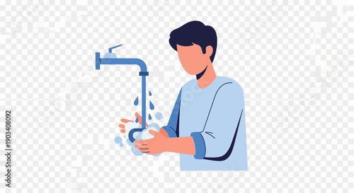 Person washing hands under a faucet with water flowing.