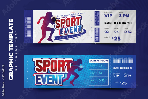 Sport tickets template. Hockey cup and football ticket design template with people crowd on background. Vector flat illustration