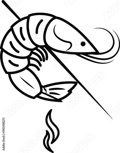 A black and white line drawing of a grilled shrimp on a skewer