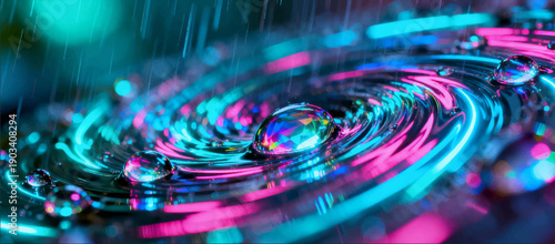 Vector illustration of a mirror-like whirlpool of bright fluorescent colors swirling through transparent raindrops.