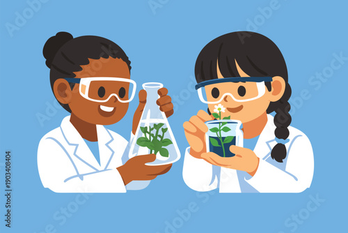 Young students conducting botanical experiments with green plants in school lab.