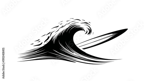 Bold black wave cresting, with a surfboard angled, on a white background, dynamic, and powerful design