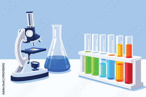 Professional laboratory workspace with microscope and glass chemical equipment.
