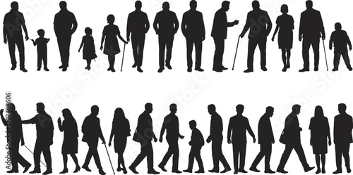 People silhouettes showing life stages from child to senior walking together, black human figures collection, flat vector illustration