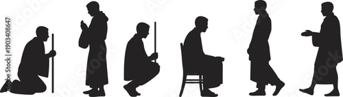 Muslim prayer silhouette set showing Islamic worship positions including standing, kneeling, sitting and walking, black vector illustration
