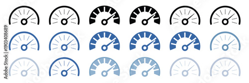 Speedometer Icons set with black and blue dials, isolated on white backgroun