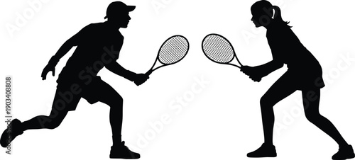 Tennis players silhouette facing each other holding rackets, male and female sport action pose, competitive match black vector illustration