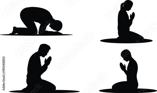 Prayer silhouette set of kneeling men and women praying, worship poses collection, spiritual religious black vector illustration isolated
