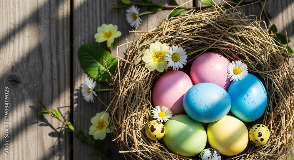 Fototapeta premium Pastel Easter eggs arranged in a natural nest with spring flowers, suitable for seasonal campaigns and editorial storytelling. Holiday and Seasonal Marketing, Editorial and Magazine Content
