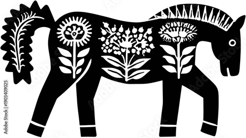 Stylized silhouette of a horse decorated with floral patterns and a detailed tail