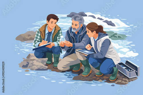 Group of explorers and scientists taking water samples from a rocky stream.