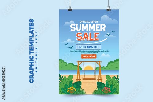 A colorful summer sale poster with a beach scene and editable text