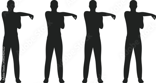 Man stretching arm silhouette set showing warm up exercise poses, fitness routine collection, black vector illustration isolated on white background