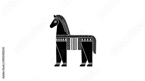 A stark, minimalist depiction of a horse rendered in black and white with geometric patterns