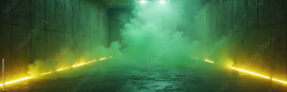 Naklejka premium Concrete hall with thick green smoke and yellow neon light lines. Dark grunge interior with rough walls and floor. Minimalist design with atmospheric backlight and fog effects.