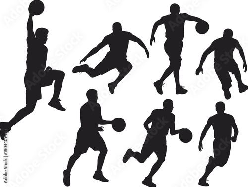Basketball player action silhouette set, dribbling jumping shooting poses, dynamic sports movement, athletic training, black vector illustration