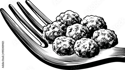A black and white illustration of several round, textured food items resting on a fork