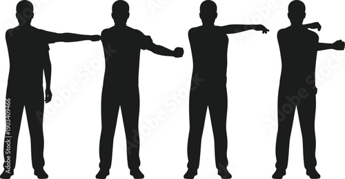 Male stretching exercise silhouette set, arm warm up workout poses, fitness training routine, healthy lifestyle, black body movement vector illustration