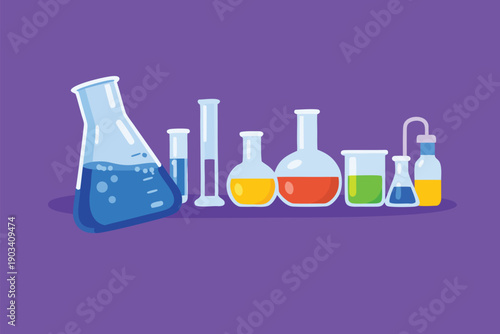 Variety of laboratory glassware with colorful liquids on purple background.