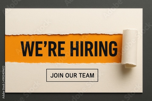 Job opportunity banner with WE'RE HIRING and JOIN OUR TEAM call to action, modern stylish design, effective recruitment promotion.