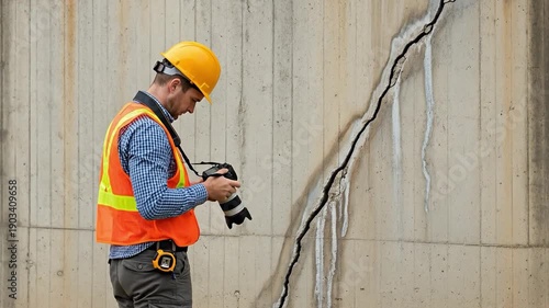 Male civil engineer in safety vest and hard hat taking photos of a large crack in a concrete wall for structural inspection and damage assessment