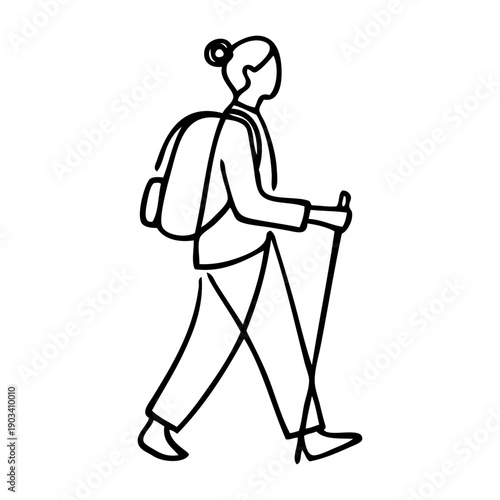 Senderismo en la naturaleza. Dibujo sencillo con líneas de una mujer caminando con un bastón y una mochila a la espalda 