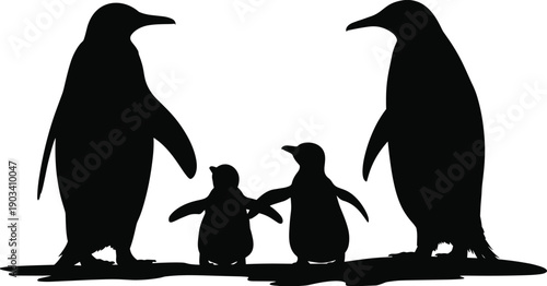 Penguin family silhouette with adults and chicks, Antarctic wildlife scene, animal parenting concept, black vector illustration isolated background