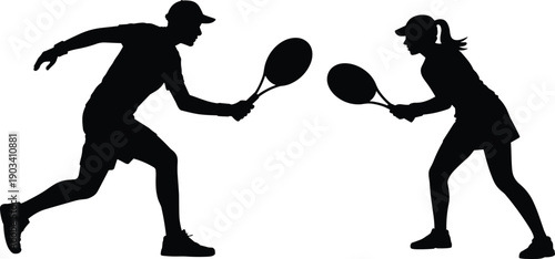Tennis players silhouette man and woman facing each other, racket sport action duel, competitive match concept, black vector illustration