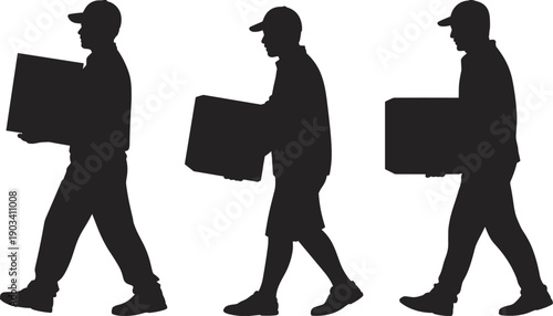 Delivery worker carrying box silhouette, courier man walking with package, logistics service concept, shipping transport, warehouse job, flat vector illustration