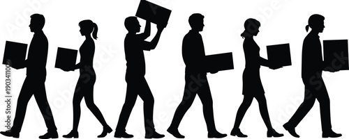 Delivery workers carrying boxes silhouette set, men and women couriers walking with packages, logistics service concept, shipping transport, flat vector illustration