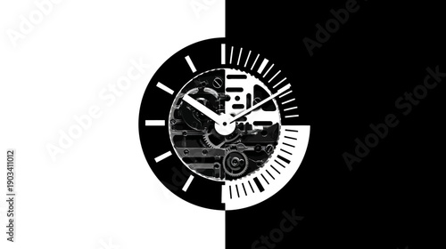 B&W watch graphic, gears visible, split dial on monochrome background