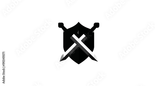 A crest featuring a shield with crossed swords, rendered in shades of gray and black
