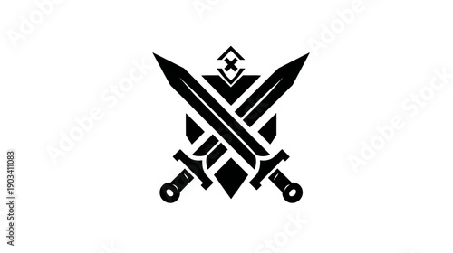 A symmetrical black emblem featuring crossed swords over a shield, with geometric details