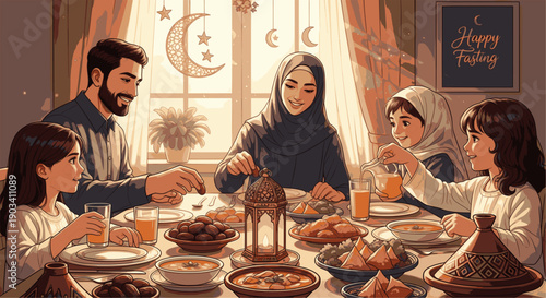 Muslim family having Ramadan meal with Happy Fasting text