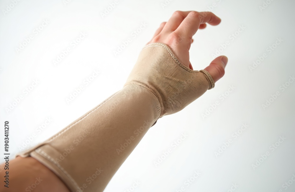 Fototapeta premium Person wears beige wrist brace for thumb and wrist support. This hand orthotic helps with pain and injuries like carpal tunnel syndrome. It offers compression and stability for recovery.