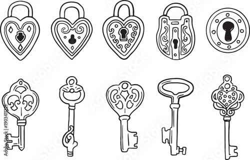 Set of hand-drawn vintage skeleton keys and heart-shaped padlocks. Antique vector illustrations in doodle style for romantic and wedding designs.
