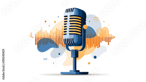 Vintage Microphone Illustration with Sound Waves for Podcast, Radio, and Music Concept