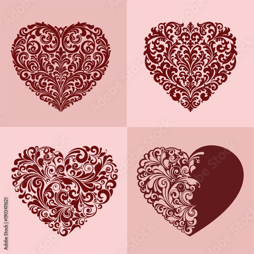 Elegant vector heart set with ornate floral filigree elements in red tones on soft pink backgrounds. Romantic decorative hearts perfect for Valentine’s Day, wedding designs, invitations, cards, prints