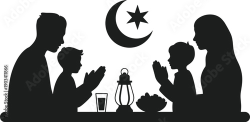 Muslim family iftar silhouette, parents and children praying together, Ramadan night meal, crescent moon star, black flat vector illustration