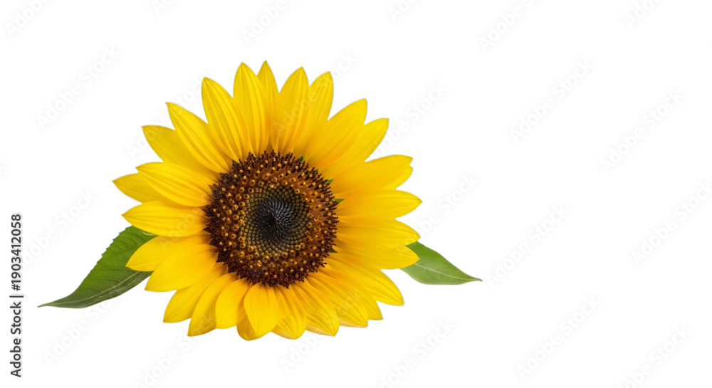 Fototapeta premium Bright yellow sunflower with green leaves in full bloom isolated on a transparent background