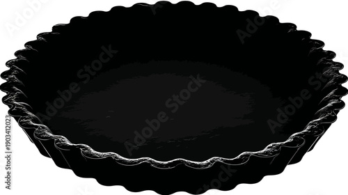 A black, round, scalloped edge pan, rendered in grayscale, perfect for food preparation