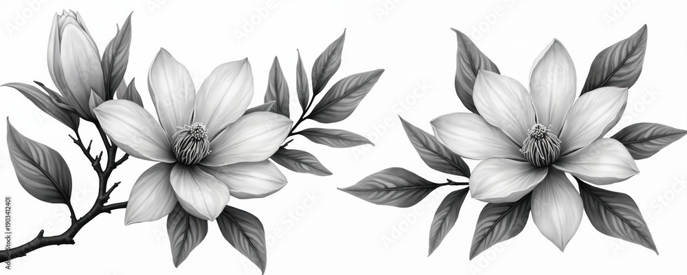 Obraz premium Two magnolia blooms with leaves. Delicate botanical art on white background. Elegant floral design for cards, invites, or decor. Classic, natural beauty.