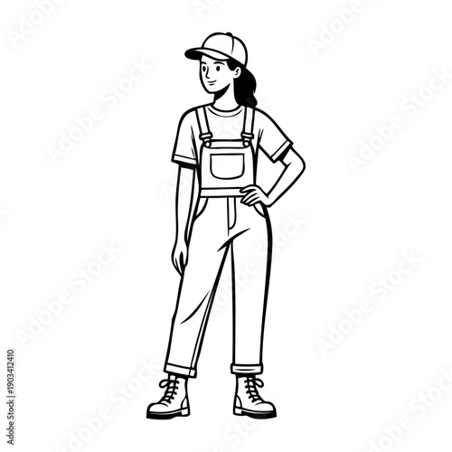 Símbolo de trabajo industrial. Dibujo sencillo con líneas de una mujer de pie con ropa de trabajo