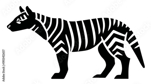 A stylized animal silhouette with black stripes, set against a stark white backdrop