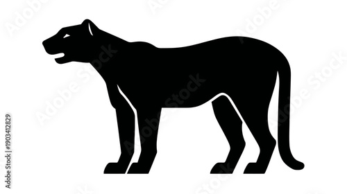 Silhouetted black cat profile facing left. Displaying open mouth and muscular legs in an artistic vector design