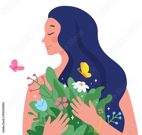 Woman embrace nature. Inner peace icon. Girl with flowers