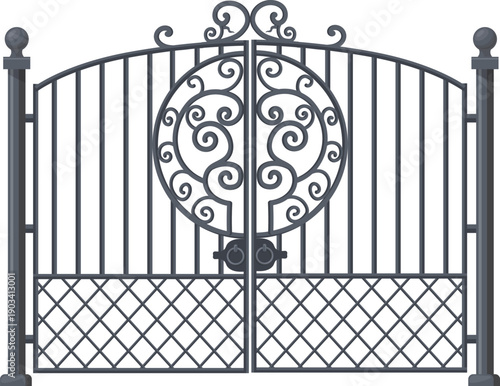 Forged gate. Ornate decorative metal entrance icon