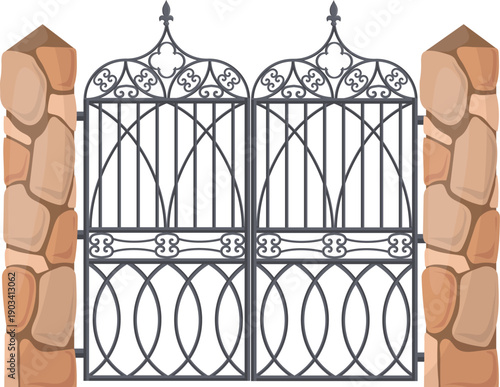 Iron gate on stone border. Wrought ornate decoration